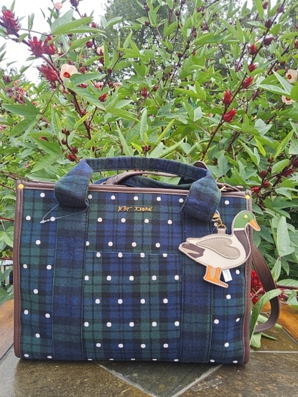 Betsey Johnson Green Plaid Polka Dot Tote with Duck Charm